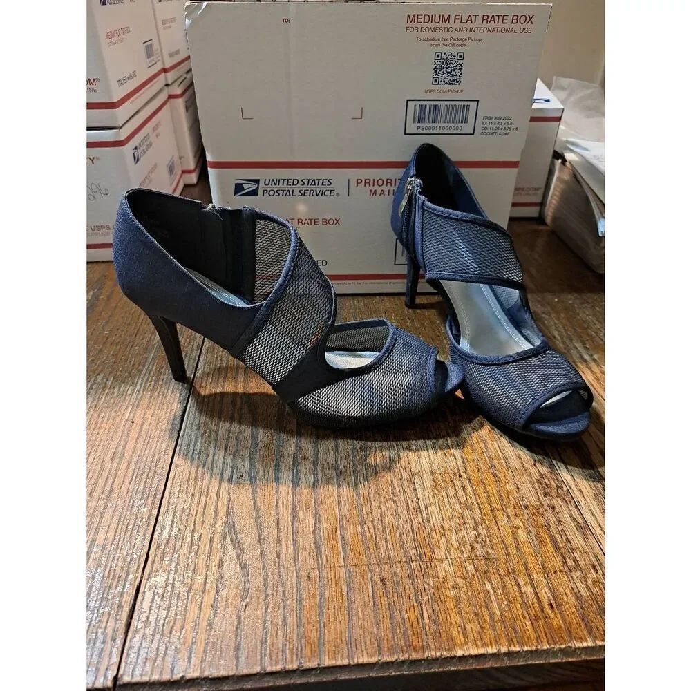 New 9.5M Its Ok Blue Mesh Open Toe Open Foot Side Zip Pump High Heel Pump Shoes